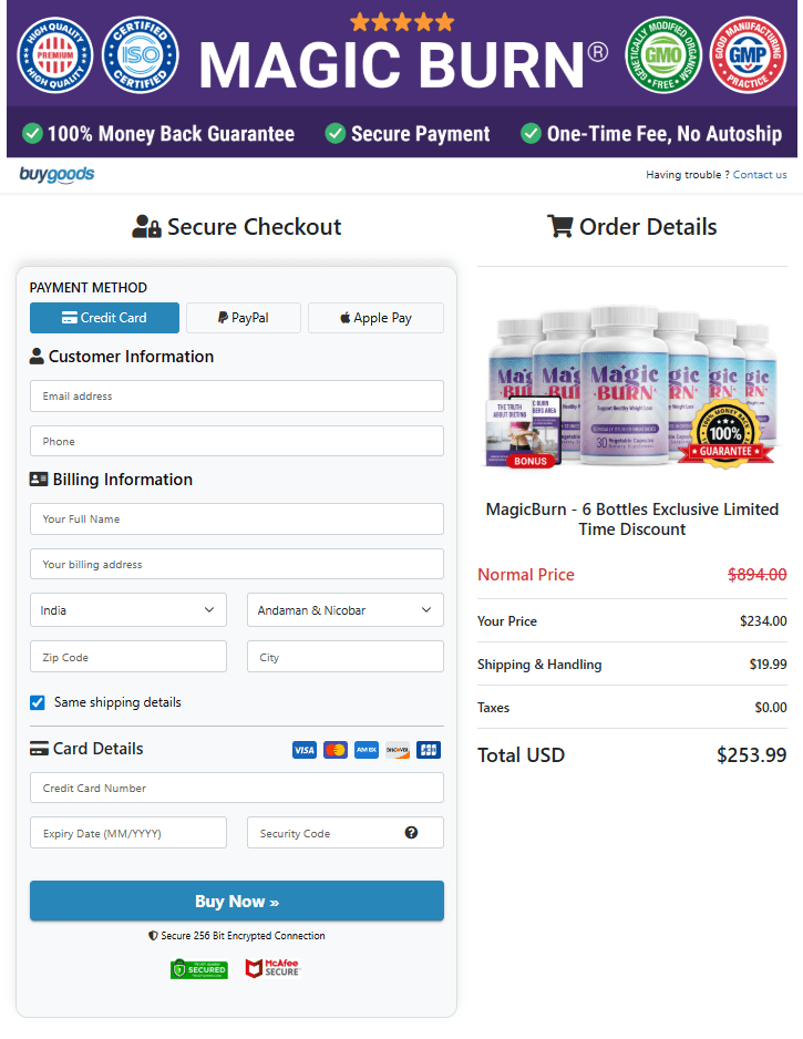 MagicBurn secure checkout page